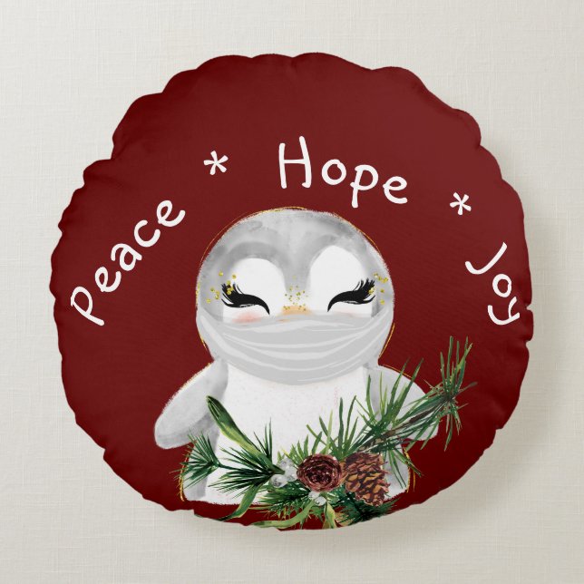 Peace Hope Joy Masked Penguin Round Pillow (Front)