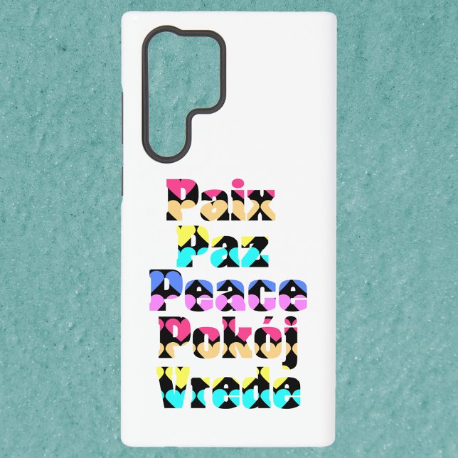 Peace in Foreign Languages Bright Hearts Samsung Galaxy S22 Ultra Case (A phone case that says Peace with a heart pattern in a variety of languages)
