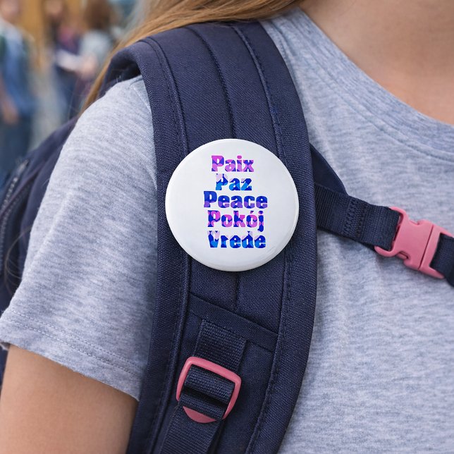 Peace in Many Languages Pastel Heart Typography 2 Inch Round Button (A pin that says peace in many languages with pastel color hearts.)