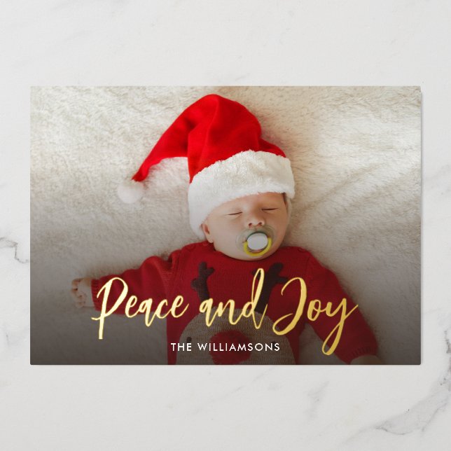 Peace Joy Baby Photo Script Custom Christmas Foil Holiday Card (Front)