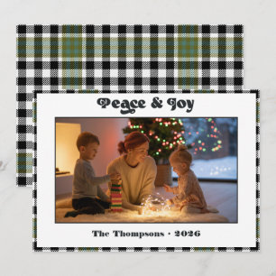 Peace & Joy Black and White Plaid Christmas Photo Holiday Card