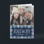 Peace & Joy | Blue Snowflakes Hand Lettered Photo Holiday Card<br><div class="desc">This modern one-photo holiday card features the phrase "Peace & Joy" written in cute hand lettering and surrounded by a border of pretty snowflakes in shades of blue against a navy blue background.</div>