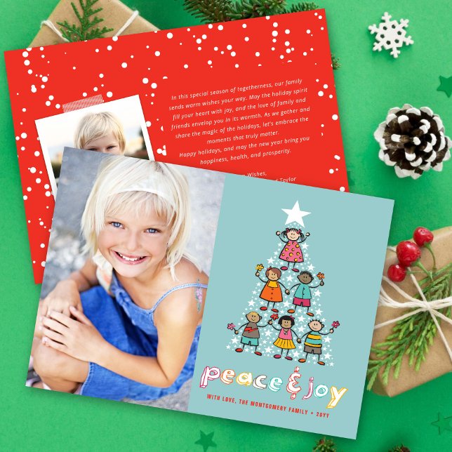 Peace & Joy Cartoon Christmas Tree Kids Photo  Holiday Card (Creator Uploaded)