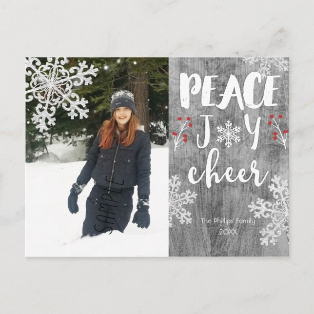 Peace Joy Cheer Silver Snowflake Holiday Photo (Front)
