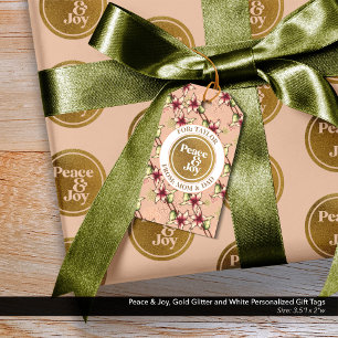 Peace & Joy, Gold Glitter Pink White Personalized Gift Tags