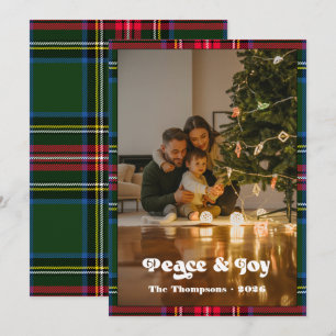 Peace & Joy Green Tartan Plaid Family Christmas Holiday Card