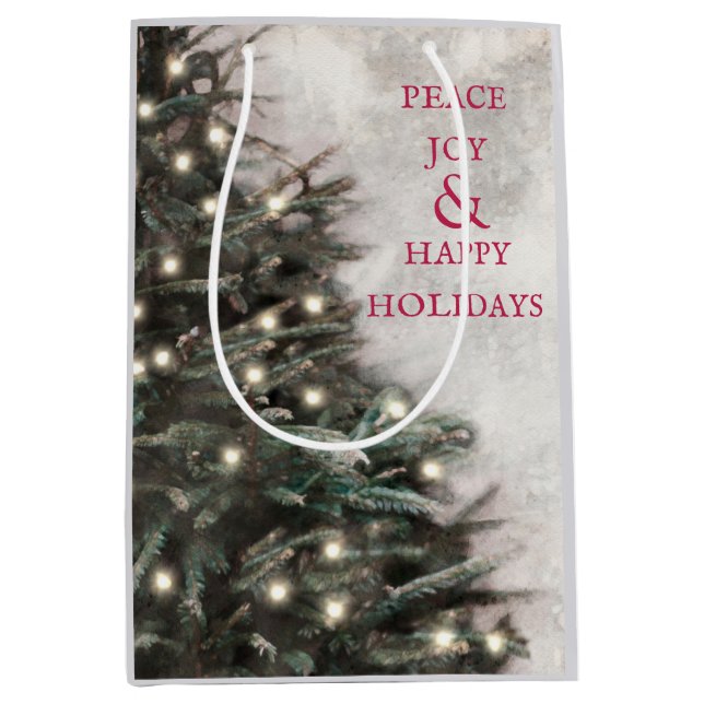 Peace Joy Happy Holidays Christmas Tree Medium Gift Bag (Front)