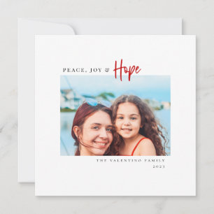 Peace Joy Hope Modern Red Script Minimalist Photo Holiday Card