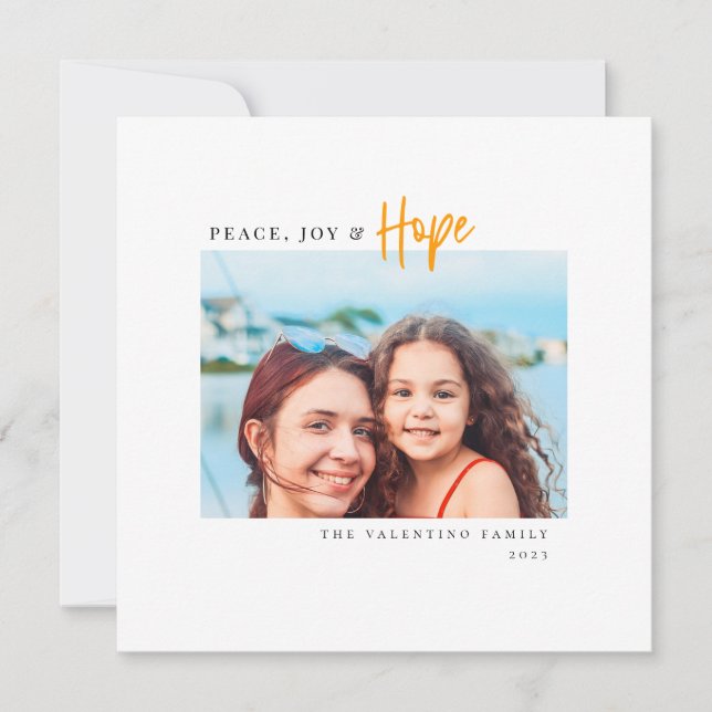 Peace Joy Hope Modern Script Minimalist Photo Holiday Card (Front)