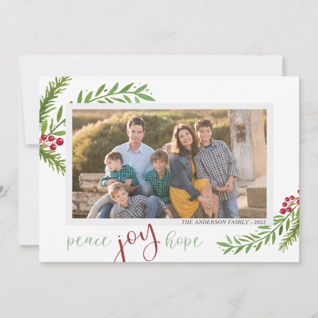 Peace Joy Hope Watercolor Two Photo Christmas Holiday Card (Front)