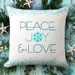 Peace Joy Love Bold Modern Snowflake Typography Throw Pillow<br><div class="desc">“Peace, joy & love.” A fun, playful, snowflake illustration and modern turquoise and dark blue typography on a white background help you usher in the holiday season. Turquoise confetti dots frame complete the look. On the back is a giant turquoise faux foil snowflake. Feel the warmth and joy of the...</div>