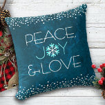 Peace Joy Love Chic Modern Snowflake on Blue Throw Pillow<br><div class="desc">“Peace, joy & love.” A fun, playful, snowflake illustration and modern typography on a rich, deep teal blue marble watercolor background help you usher in the holiday season. White confetti dots frame complete the look. On the back is a giant turquoise and white snowflake. Feel the warmth and joy of...</div>