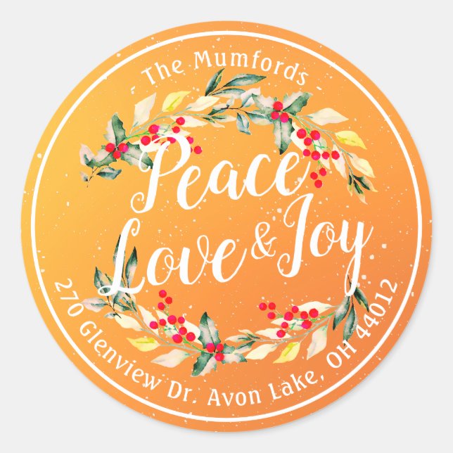 Peace Joy & Love Christmas Happy New Year Address Classic Round Sticker (Front)