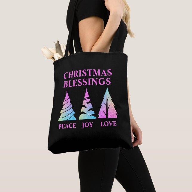 Peace Joy Love Christmas Trees Customizable Text Tote Bag (Close Up)