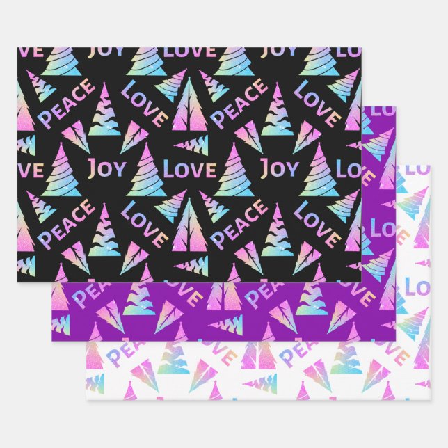 Peace Joy Love Christmas Trees Wrapping Paper Sheet (Set)