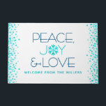 Peace Joy Love Holiday Turquoise Snowflake Name Doormat<br><div class="desc">“Peace, joy & love.” A fun, playful, turquoise snowflake illustration and modern, sans serif typography on a clean, white background help you usher in the holiday season. Turquoise blue confetti dots on the sides complete the look. Enhance your entryway with this stylish and unique custom personalized name Christmas or Hanukkah...</div>