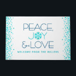 Peace Joy Love Holiday Turquoise Snowflake Name Doormat<br><div class="desc">“Peace, joy & love.” A fun, playful, turquoise snowflake illustration and modern, sans serif typography on a clean, white background help you usher in the holiday season. Turquoise blue confetti dots on the sides complete the look. Enhance your entryway with this stylish and unique custom personalized name Christmas or Hanukkah...</div>
