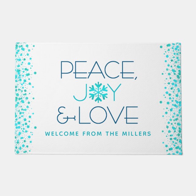 Peace Joy Love Holiday Turquoise Snowflake Name Doormat (Front)