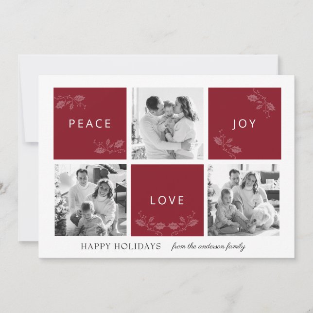 Peace Joy Love Maroon Photo Collage Carte de vacan (Devant)