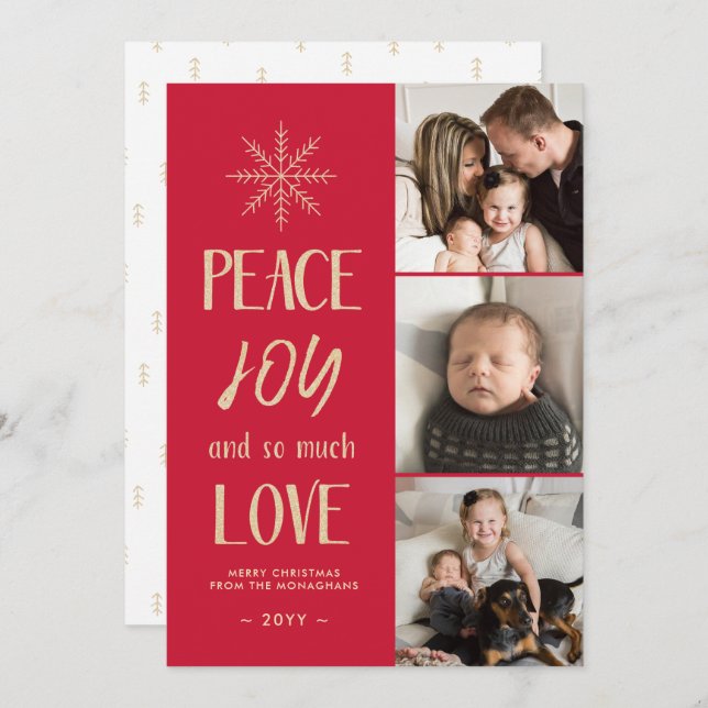 Peace, Joy, Love | Red Gold | 3 Photo Holiday Card (Front/Back)