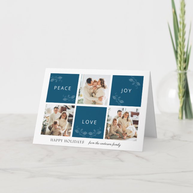 Peace Joy Love Teal 4 Photo Collage Script Holiday (Front)