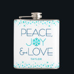 Peace Joy Love Turquoise Holiday Snowflake Name Hip Flask<br><div class="desc">“Peace, joy & love.” A fun, playful, turquoise snowflake illustration and modern, sans serif typography on a clean, white background help you usher in the holiday season. Turquoise blue confetti dots top and bottom complete the look. Get your Christmas and Hanukkah vibes on whenever you use this stylish and modern...</div>
