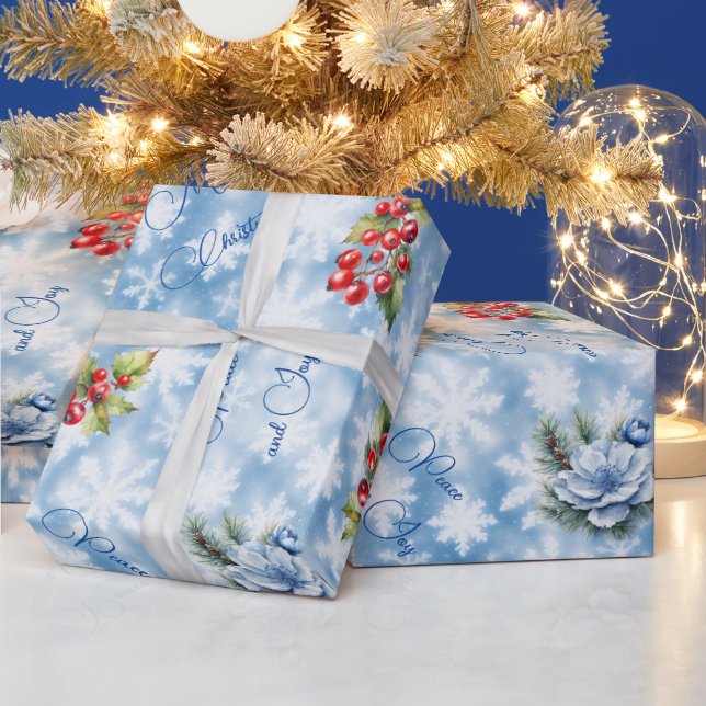 Peace & Joy Merry Christmas Blue Snowflake  Wrapping Paper (Holidays)