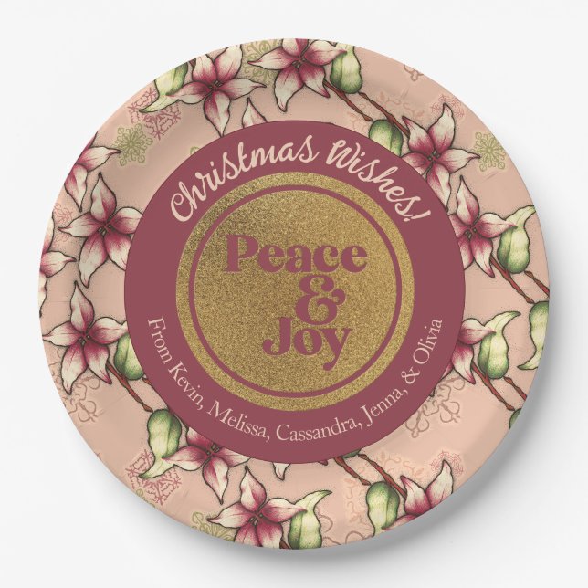 Peace & Joy, Pink Burgundy Gold Christmas Paper Plate (Front)