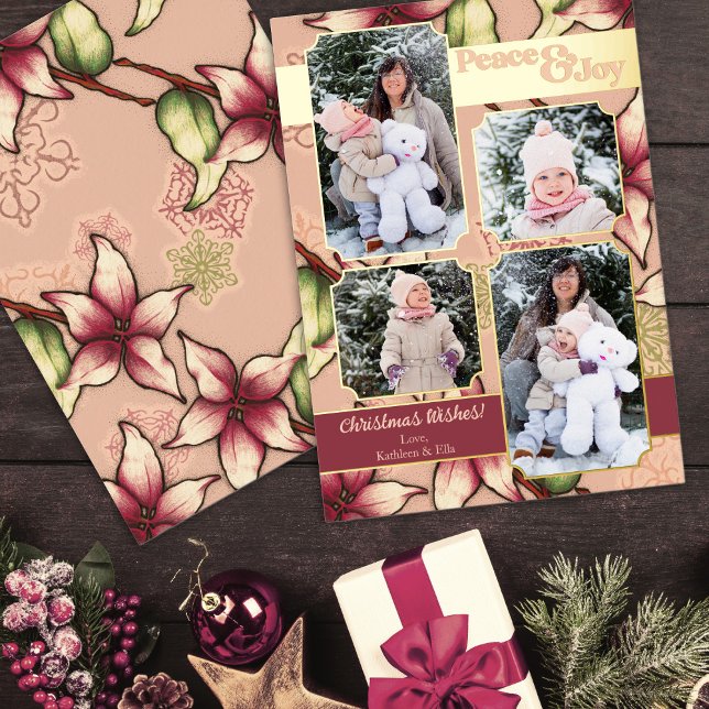 Peace & Joy, Pink, Burgundy, Gold Poinsettia Photo Foil Holiday Card (Peace & Joy, Pink, Burgundy, Gold Poinsettia Photo Foil Holiday Card)
