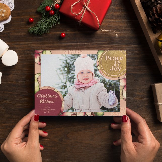 Peace & Joy, Pink, Burgundy, Gold Poinsettia Photo Holiday Card (Peace & Joy, Pink, Burgundy, Gold Poinsettia Photo Holiday Card)