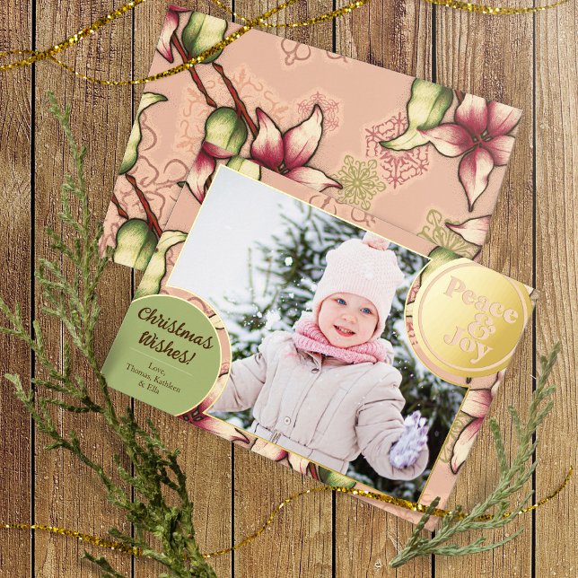 Peace & Joy, Pink, Green, Gold Poinsettia Photo Foil Holiday Card (Peace & Joy, Pink, Gold, and Green Poinsettia Photo Foil Holiday Card)