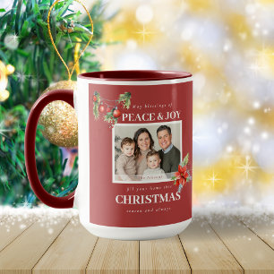Peace Joy Red Poinsettia Family Photo Christmas Mug