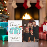 Peace Joy Retro Font 1 Photo Family Christmas Holiday Card<br><div class="desc">This festive Peace & Joy design was created using a fun modern script font and my hand lettered block font in a retro 80's style in aqua blue and red topped off with my hand painted Santa hat with holly and berries to make your family photo shine as the star....</div>