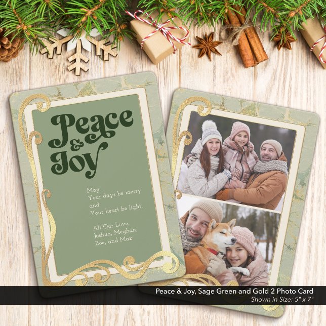 Peace & Joy Sage Green et Gold 2 Carte photo (Peace & Joy, Sage Green and Gold Holiday Two (2) Photo Greeting Card)