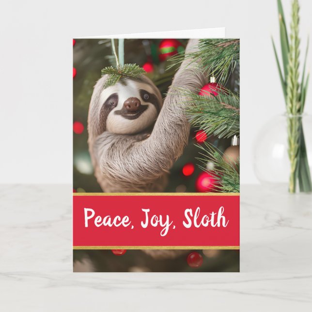 Peace Joy Sloth Christmas Tree Ornament Holiday Card (Front)