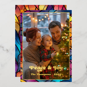 Peace & Joy Stained Glass Window Christmas Photo Foil Holiday Card