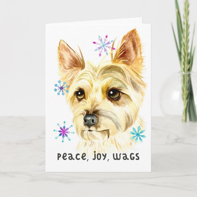 Peace Joy Wags Christmas Yorkshire Terrier Dog Holiday Card (Front)
