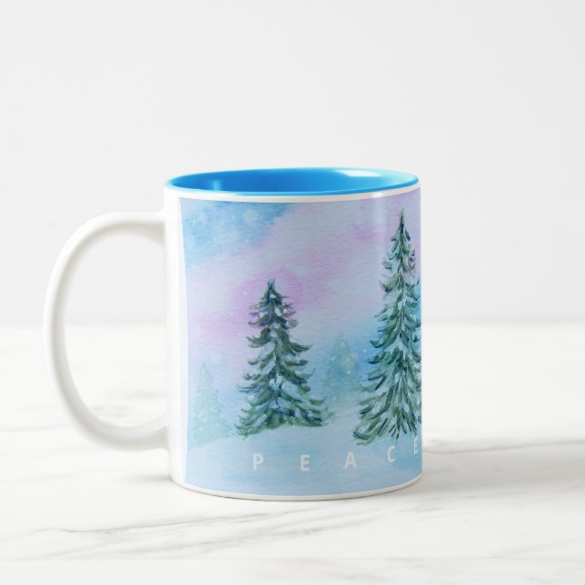 Peace Joy Winter Trees Silent Snowy Night Two-Tone Coffee Mug (Left)
