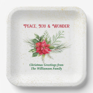 Peace Joy & Wonder Red Poinsettia Christmas Paper Plate