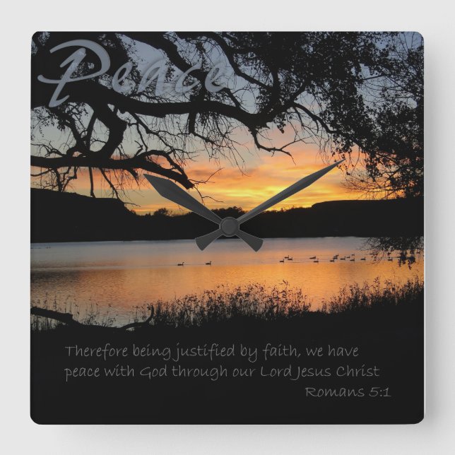 Peace Lake Sunset Romans 5:1 Horloge murale (Recto)