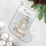 Peace - Light Blue Cute Cartoon Steampunk Snowman Large Christmas Stocking<br><div class="desc">Technology meets nature as mechanical steampunk snowman holds an innocent white dove in its hand. This original cute cartoon makes unique Christmas stockings with personalized text for kids.</div>
