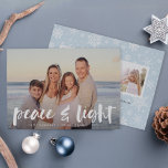 Peace & Light | Hanukkah Photo Card<br><div class="desc">Modern Hanukkah photo cards feature your favourite horizontal or portrait oriented image with "peace and light" overlaid in white hand lettered brush typography. Add your names and the year beneath,  and customize the snowflake patterned back with three additional photos and a personal message.</div>