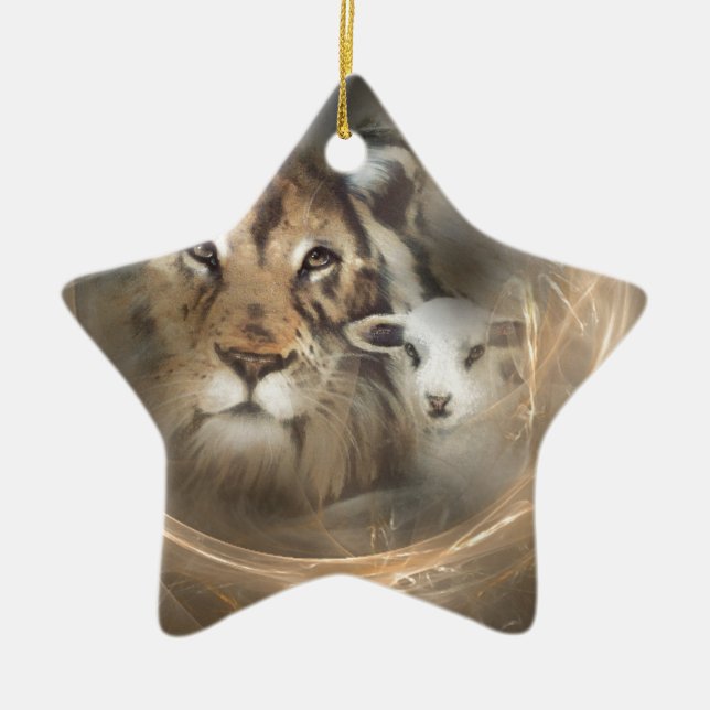 Peace "lion lamb" religious christion gifts Jesus Ceramic Ornament (Front)