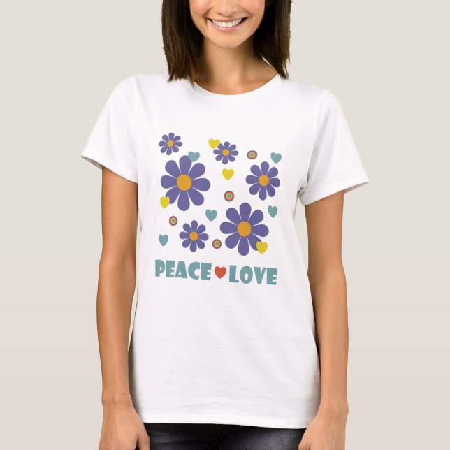 Peace Love 1970s Purple Flowers T-Shirt (Front)