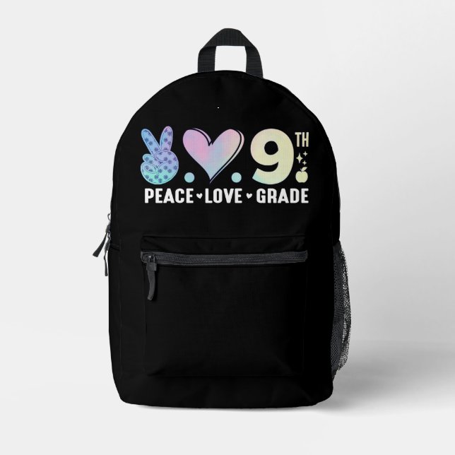 Peace Love 9th Grade Back To School Funny Printed Backpack (Front)