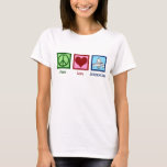 Peace Love Acupuncture Women's T-Shirt<br><div class="desc">A cute acupuncturist t-shirt featuring a pretty green peace sign,  red heart,  and a person practicing wellness and pain treatment through acupuncture.</div>
