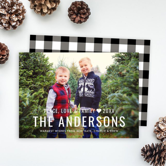 Peace Love and Family Black Buffalo Plaid Photo Holiday Card (Creator Uploaded)