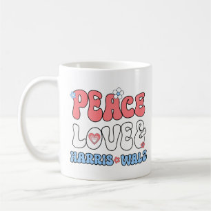 Peace Love and Harris Walz Retro Hippie Style Coffee Mug