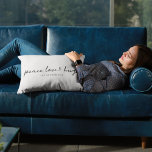 Peace Love and Hugs | Minimal Christmas Dove Grey Lumbar Pillow<br><div class="desc">Simple, stylish, minimalist holiday pillow with modern informal casual handwritten script typography quote "Peace Love & Hugs" in black with a soft dove grey background. The name and year can be easily customized for a personal touch. A elegant, minimalist and contemporary christmas design to stand out from the crowd this...</div>