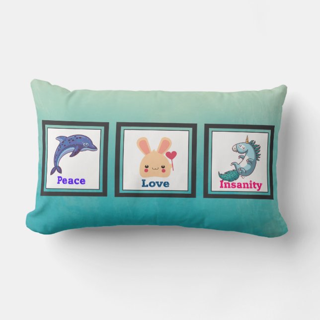 Peace Love and Insanity with Cute Kawaii Animals Lumbar Pillow (Front)